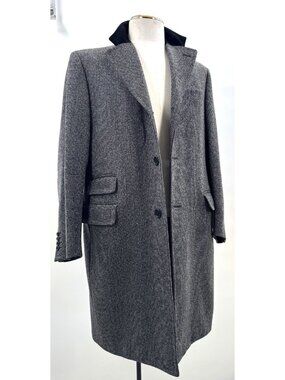 Vintage 80s CANALI Italy Grey Wool Overcoat Suede Trim Long Coat Jacket Sz 40R
